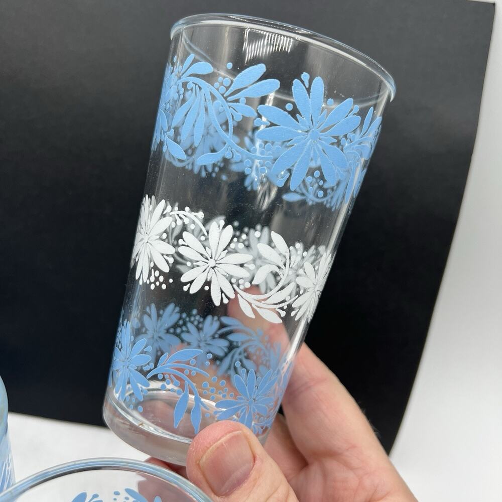 Set 6 Hazel Atlas Drinking Juice Glasses 1960s Blue White Daisies Flowers 4.5"